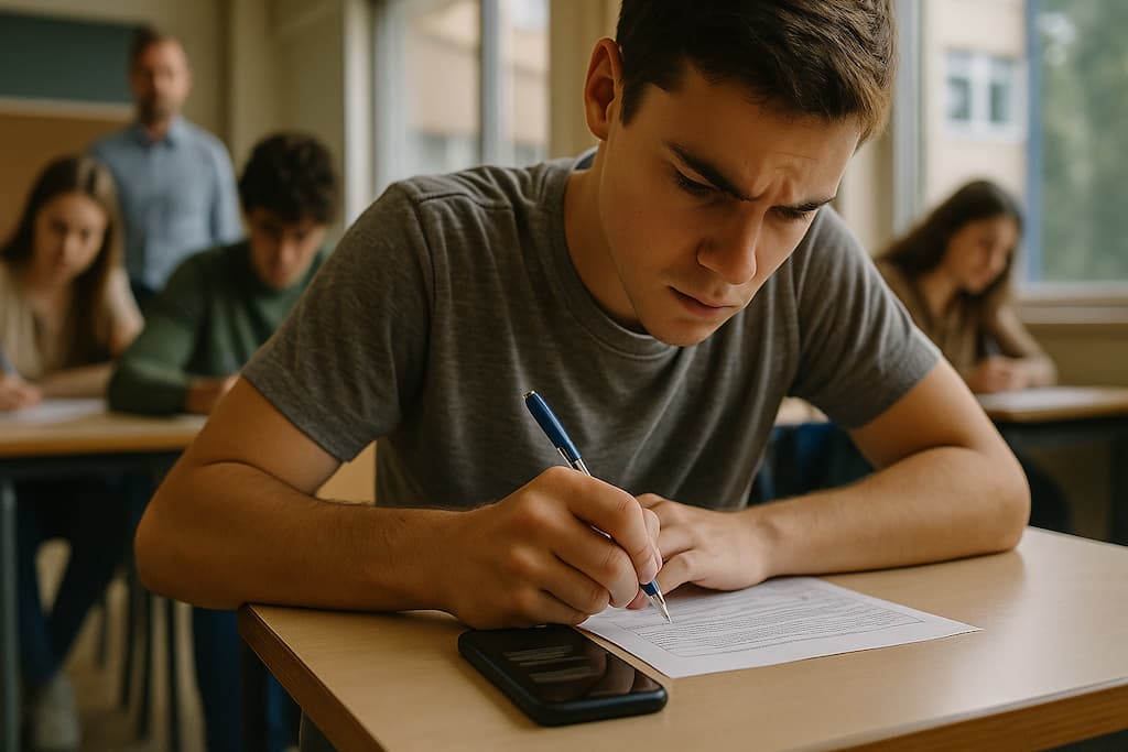 alumno oculta parcialmente un telefono movil durante el examen
