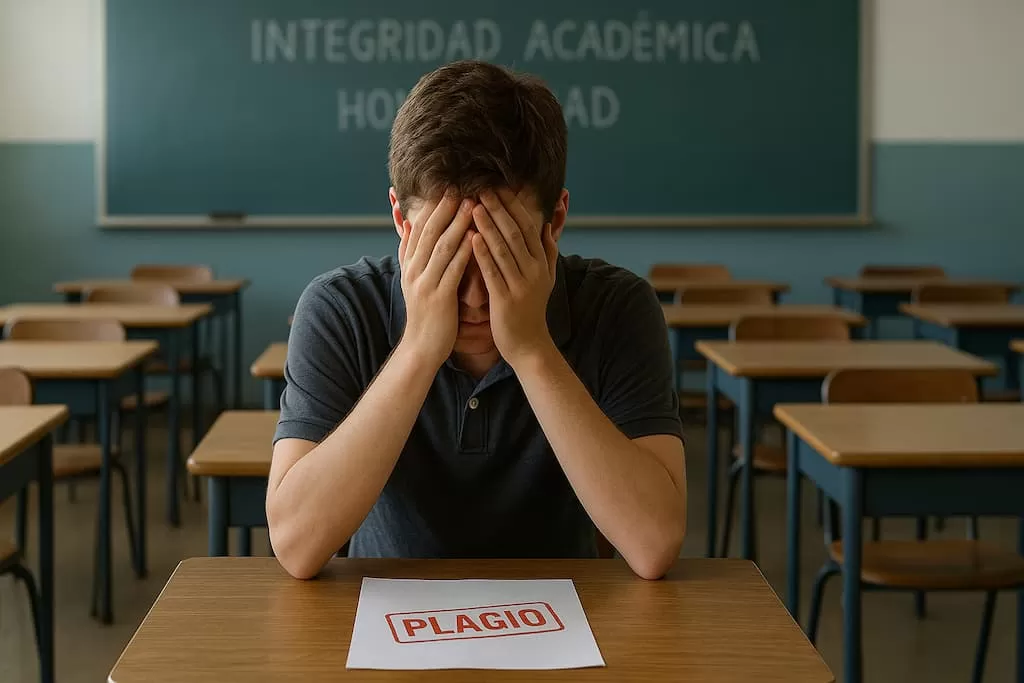 Alumno sentado en pupitre se lamenta por plagiar documento