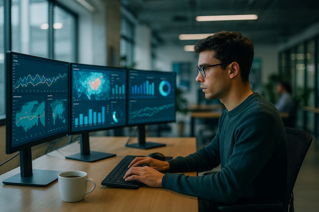 analista de datos trabaja sentado en oficina