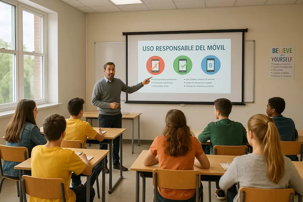 profesor da una charla en clase sobre el uso responsable del móvil en el aula