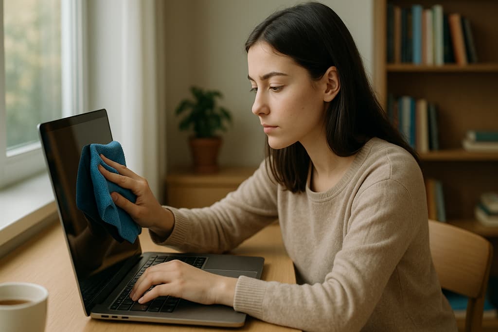 chica joven limpia la pantalla de portatil