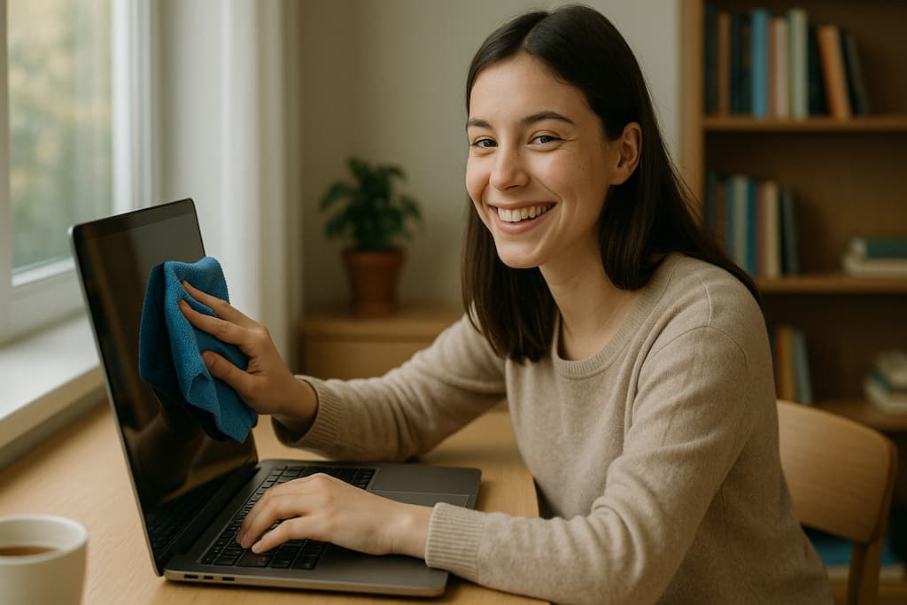 chica joven sonrie mientras llimpia la pantalla de portatil