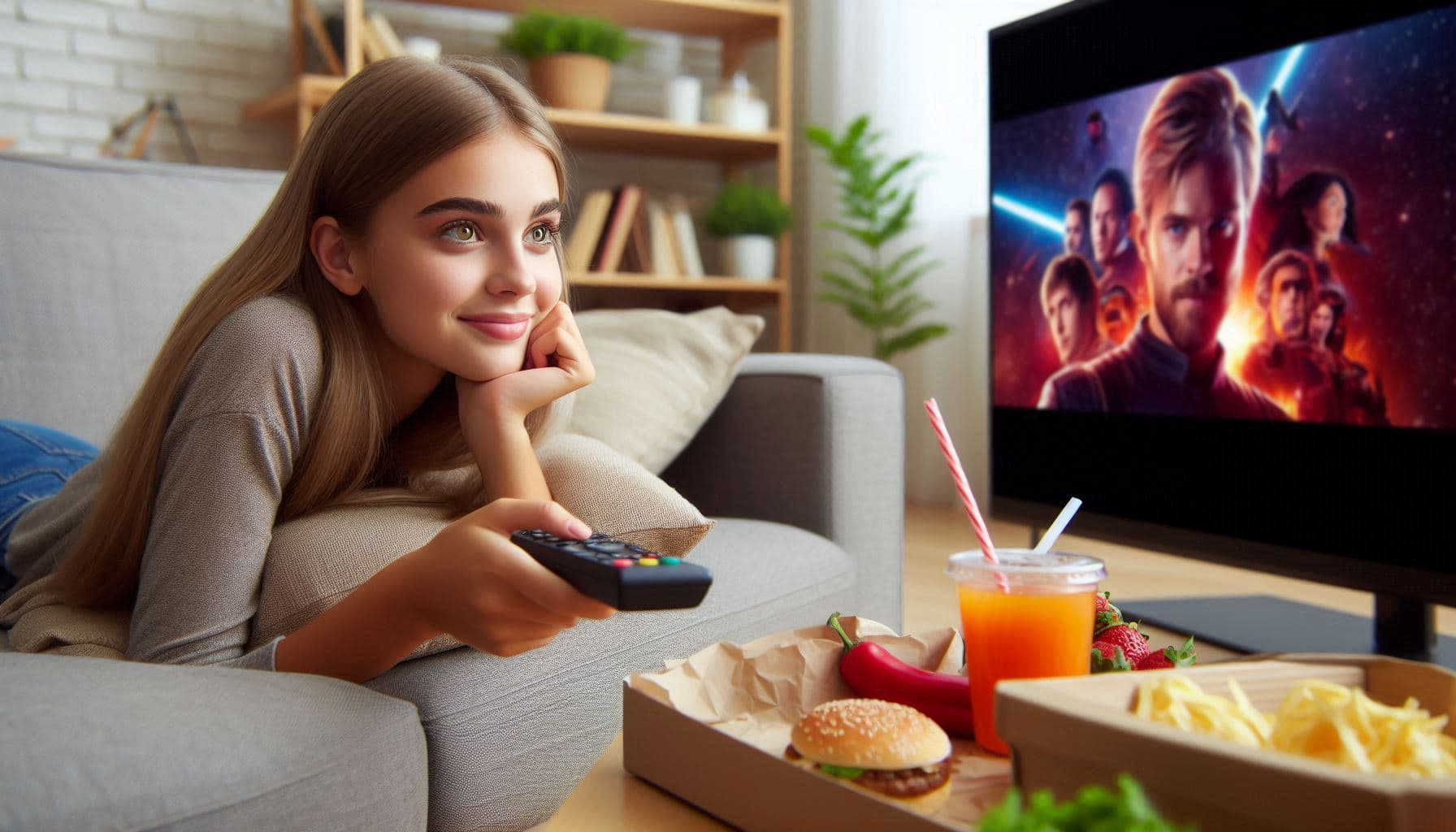 chica joven tumbada en el sofa ve la television en ingles