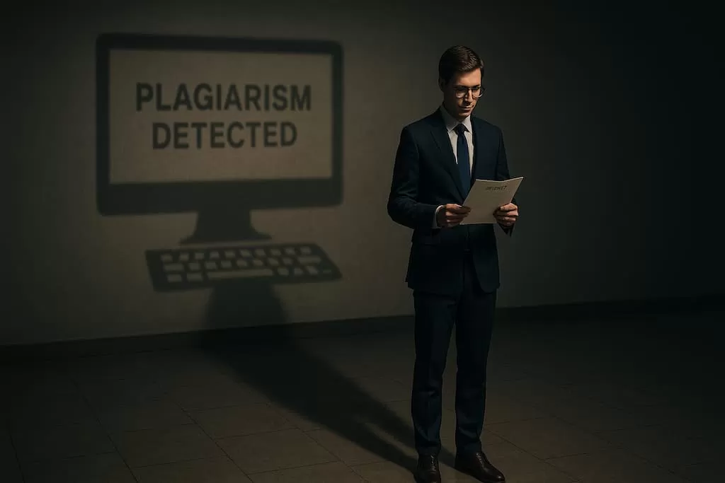 cuidado con el plagio en los trabajos persona de pie con traje triste con documento en mano