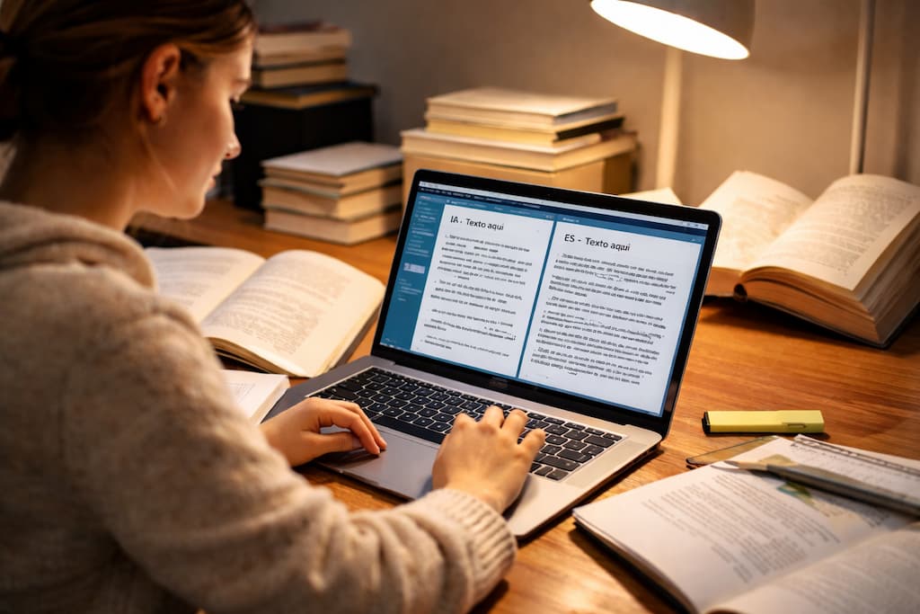 chica estudiante trabaja con IA para mejora el texto