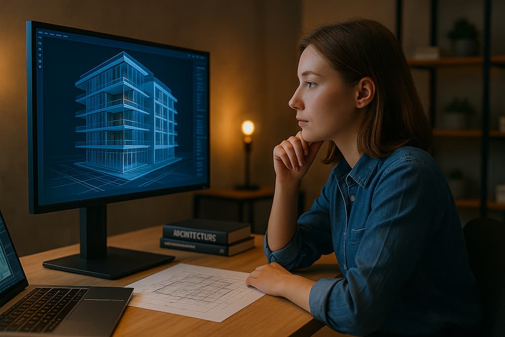 estudiante femenina de master BIM frente a la pantalla del ordenador