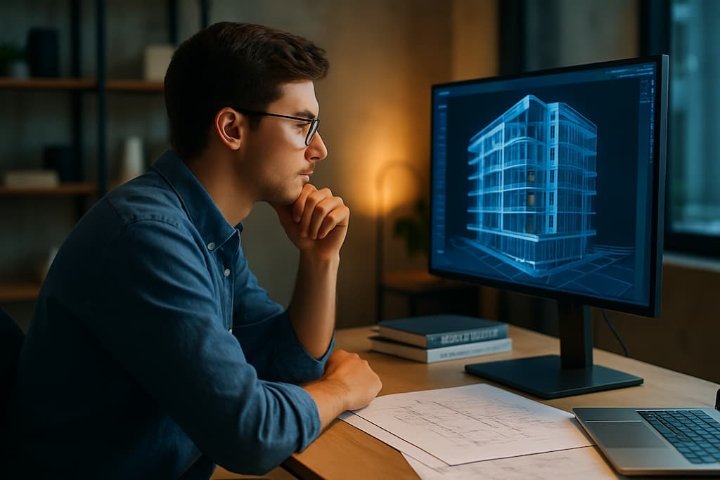 estudiante mascuilino de master BIM frente a la pantalla del ordenador