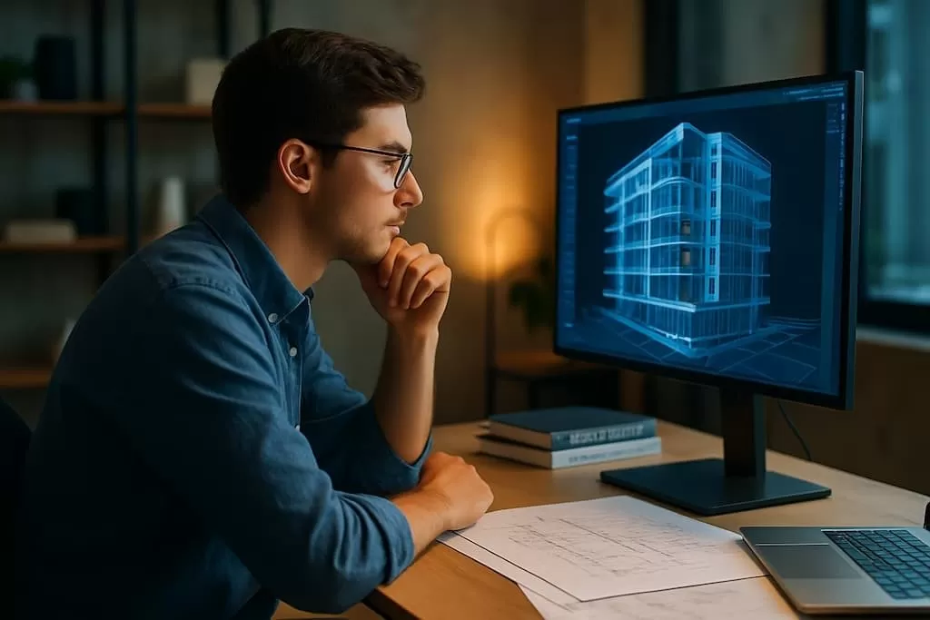 estudiante mascuilino de master BIM frente a la pantalla del ordenador