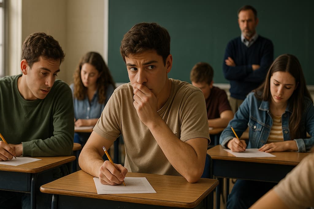 estudiantes durante examen captados mientras copian sutilmente
