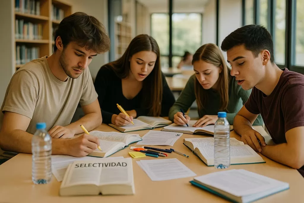 estudiantes selectividad estudian en biblioteca sentados