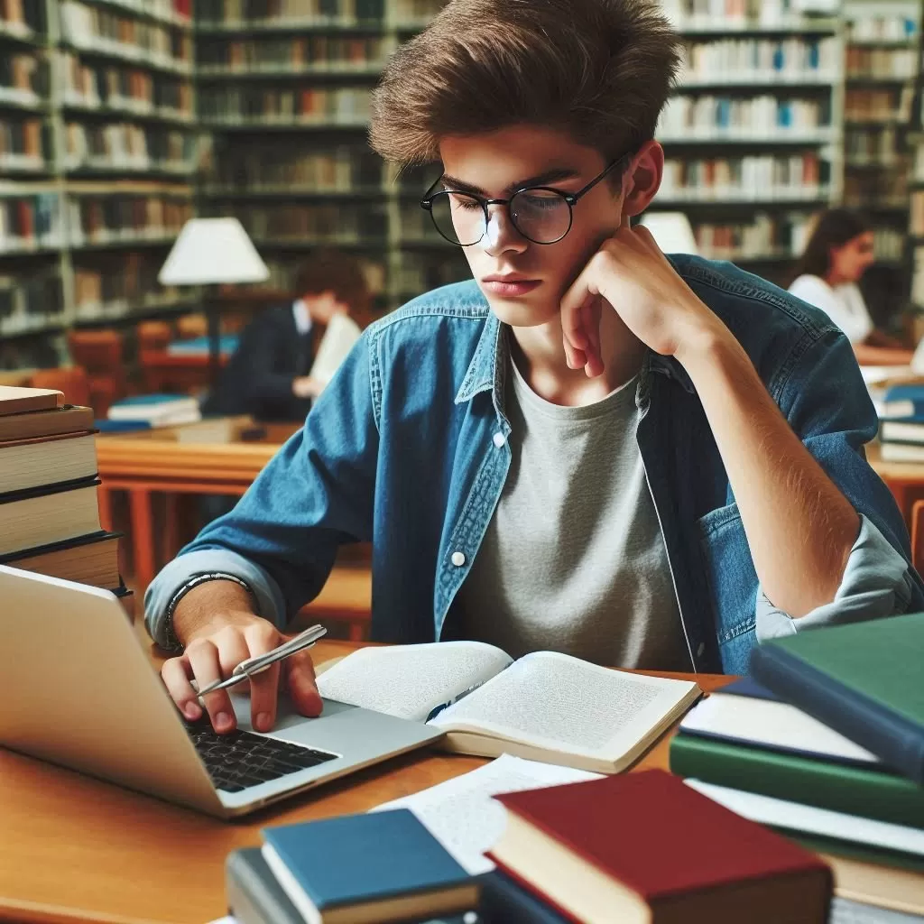 esudiante masculino con gafas estudia en la biblioteca con portatil