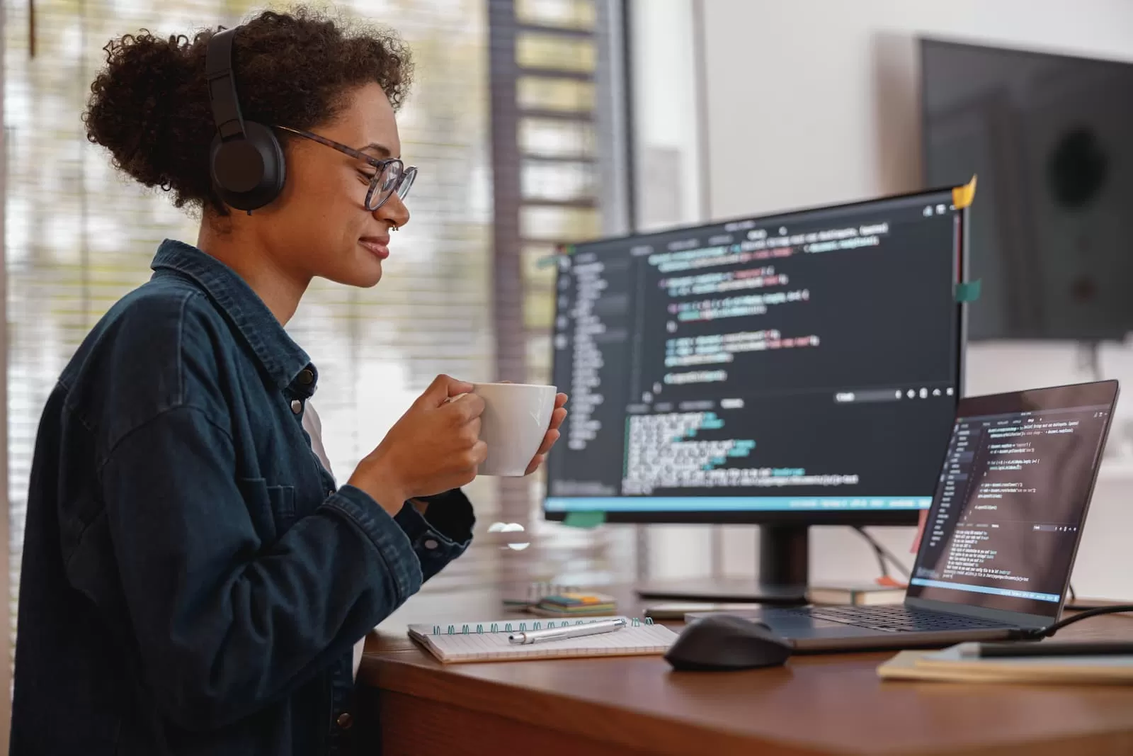 mujer autónoma haciendo un nuevo proyecto como diseñadora web y programadora en el ordenador de su casa