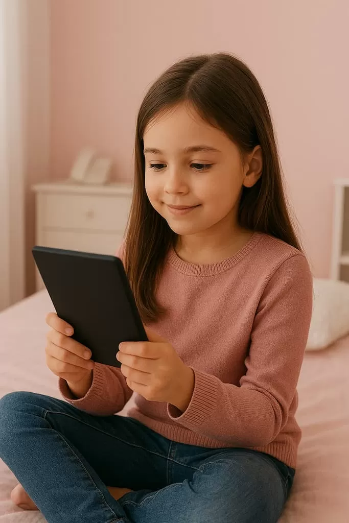 pequeña niña lee ebook encima de la cama