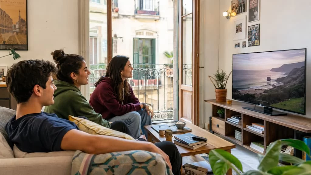 tres estudiantes viendo la televisión en un piso de estudiantes