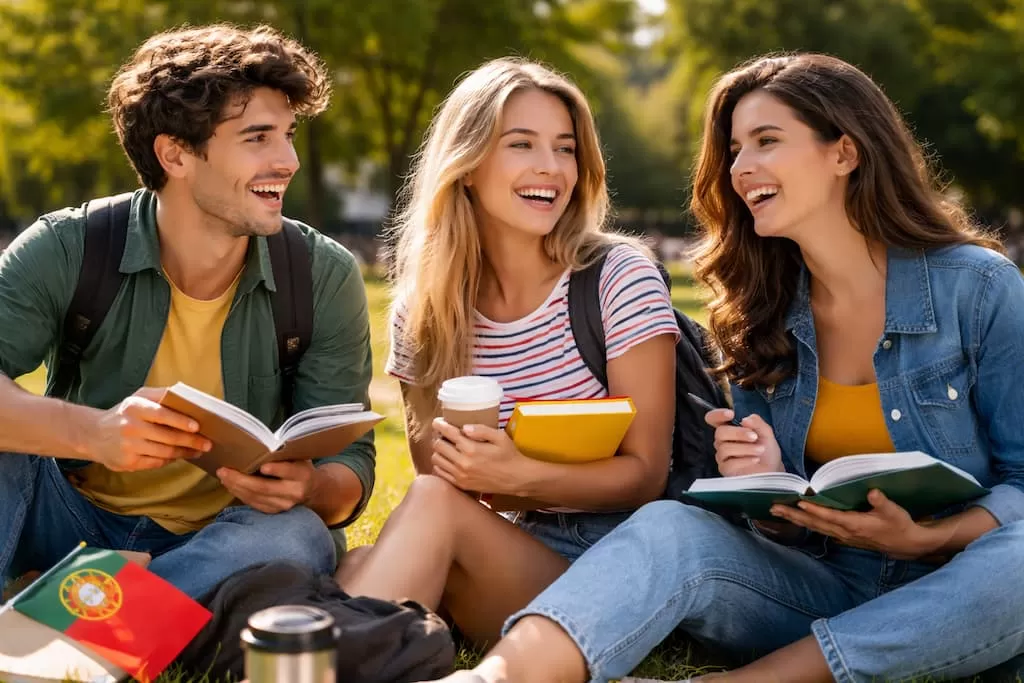 tres estudiantes de academia de portugues conversan sentados en un parque