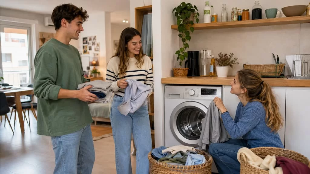 tres estudiantes doblando la ropa seca que han sacado de la lavadora secadora