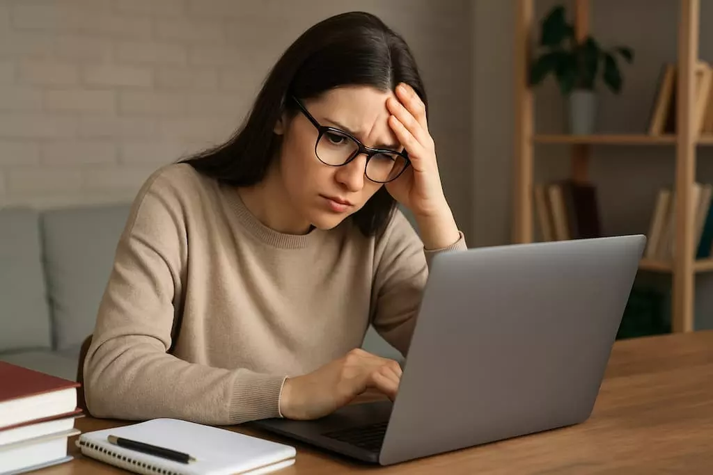 Estudiante frente a portátil prepara su TFG con cara de frustración