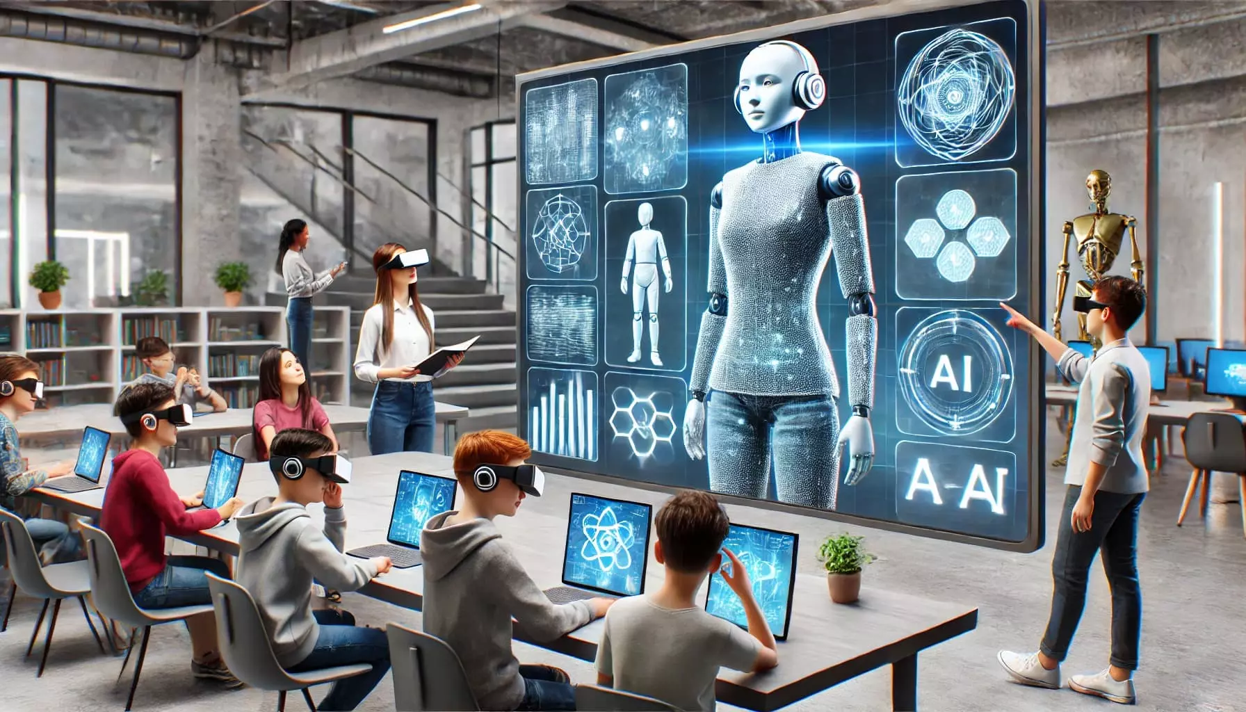 una clase futurista donde la IA ayuda estudiantes y profesores 2025