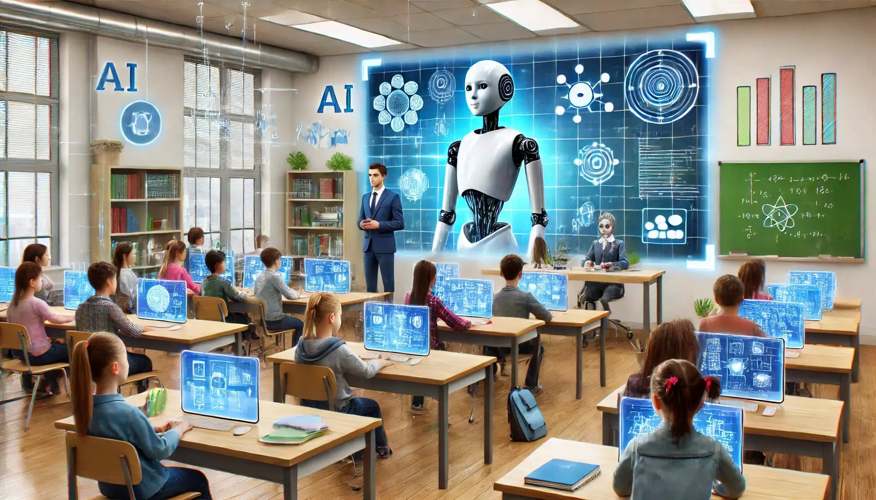 una clase futurista donde la IA ayuda estudiantes y profesores